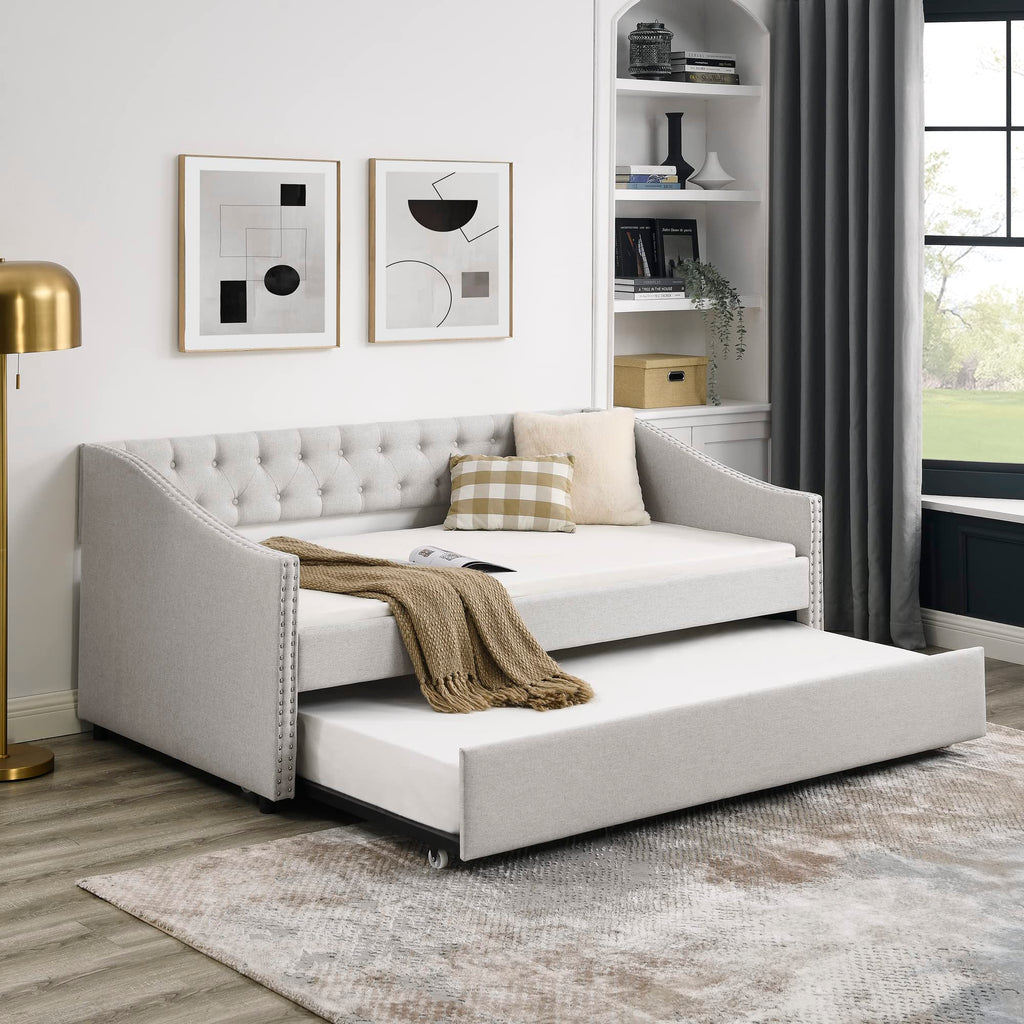 Upholstered Button Tufted Twin Size Daybed with Trundle A70129
