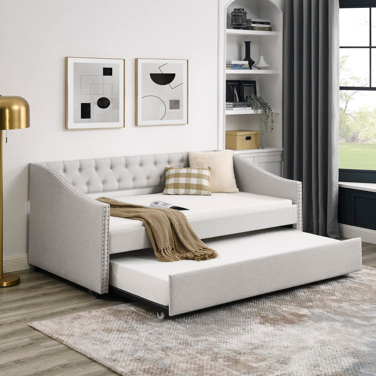 Upholstered Button Tufted Twin Size Daybed with Trundle A70129