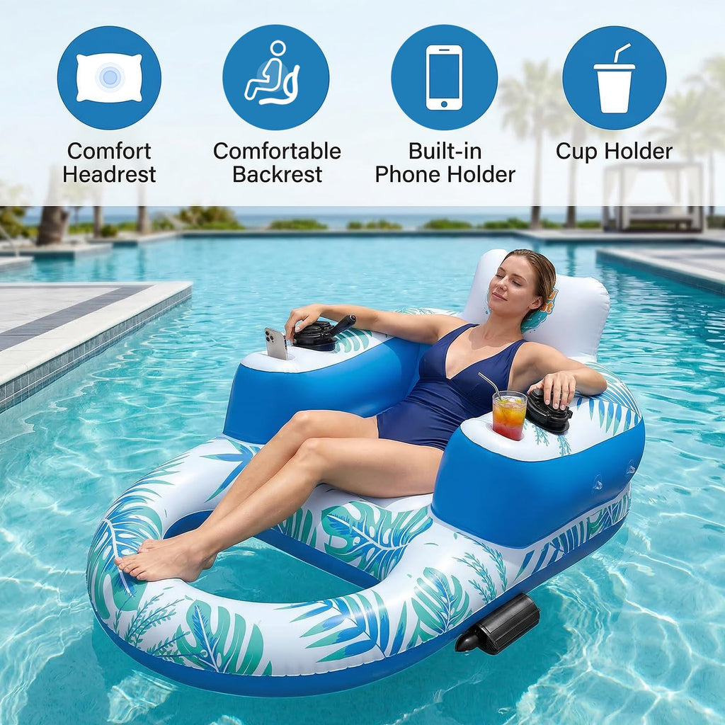 Rechargeable Motorized Pool Float Lounger with Canopy and Cup Holder Q4940