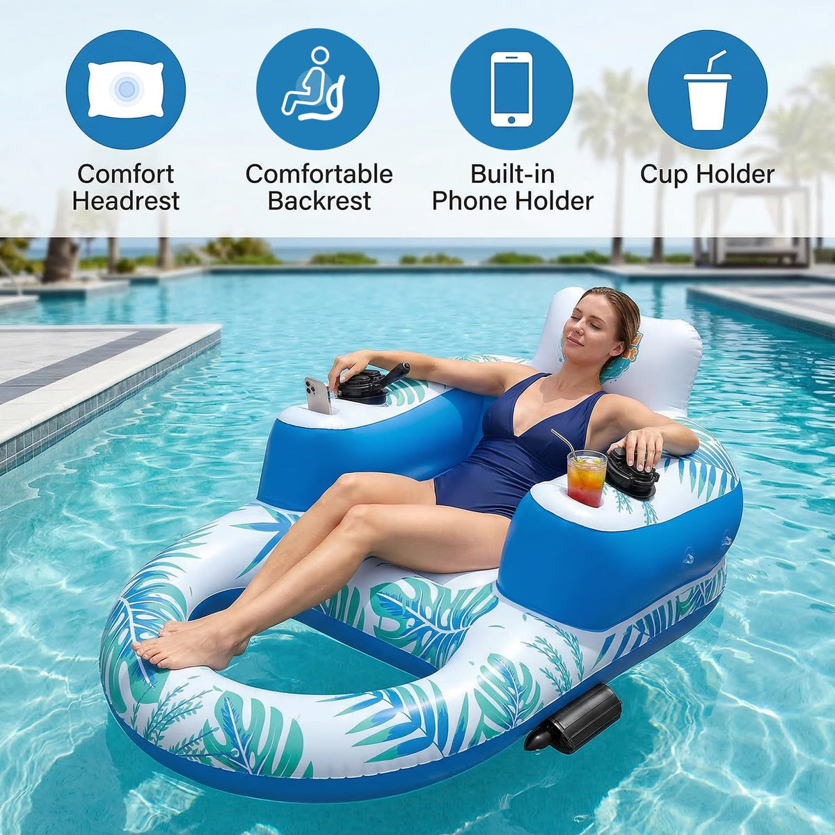 Rechargeable Motorized Pool Float Lounger with Canopy and Cup Holder Q4940
