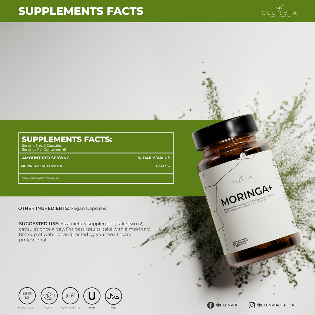90 Capsules 1000mg Organic Moringa Leaf Powder Capsules L99045