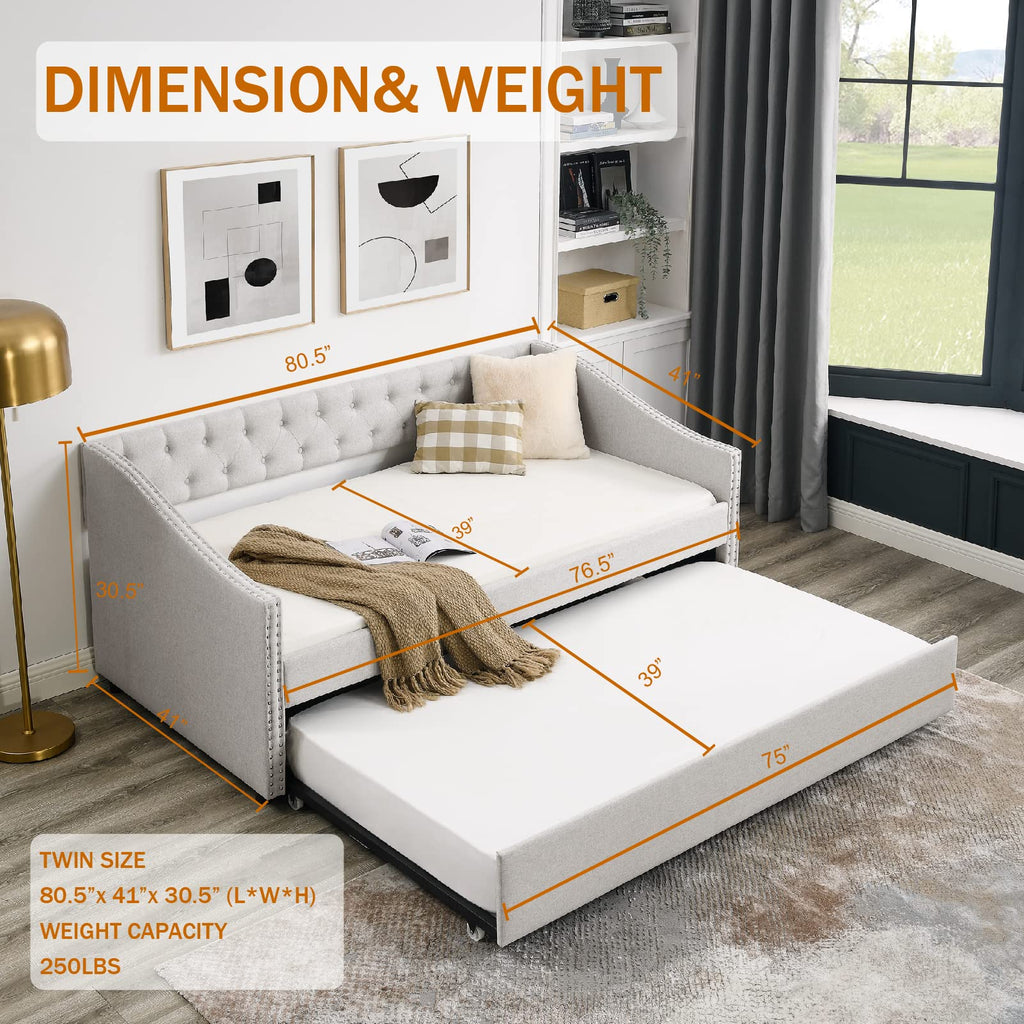 Upholstered Button Tufted Twin Size Daybed with Trundle A70129