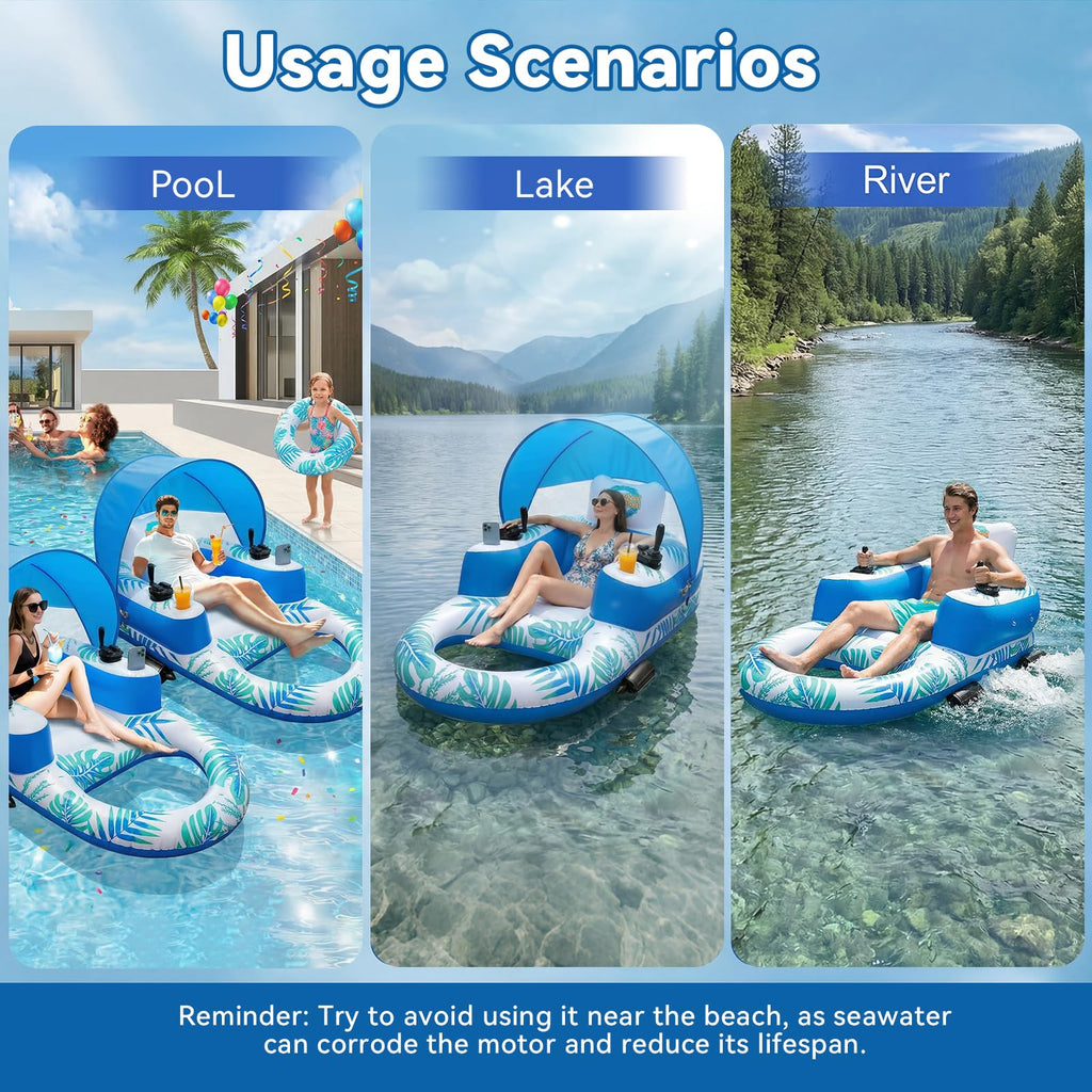 Rechargeable Motorized Pool Float Lounger with Canopy and Cup Holder Q4940