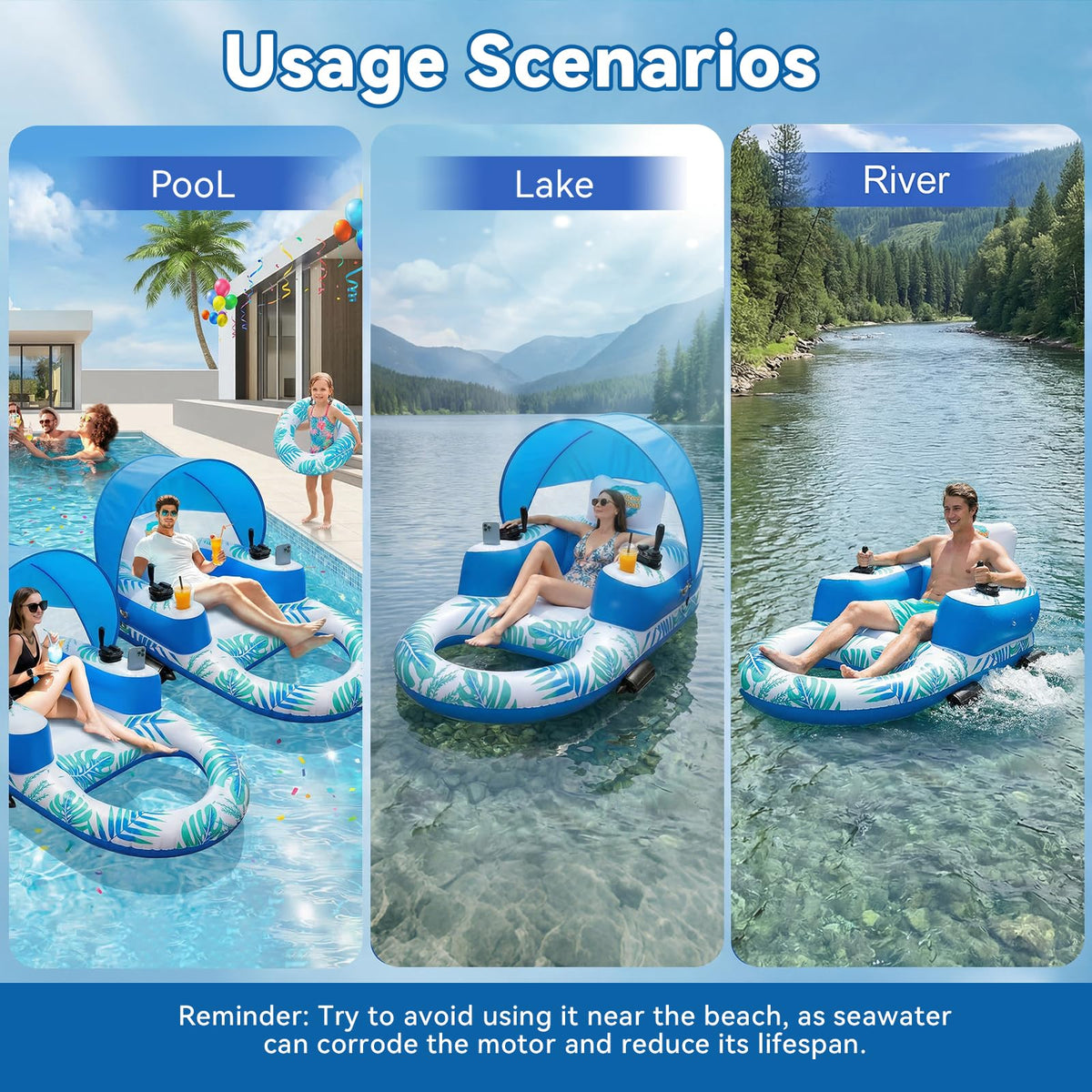 Rechargeable Motorized Pool Float Lounger with Canopy and Cup Holder Q4940
