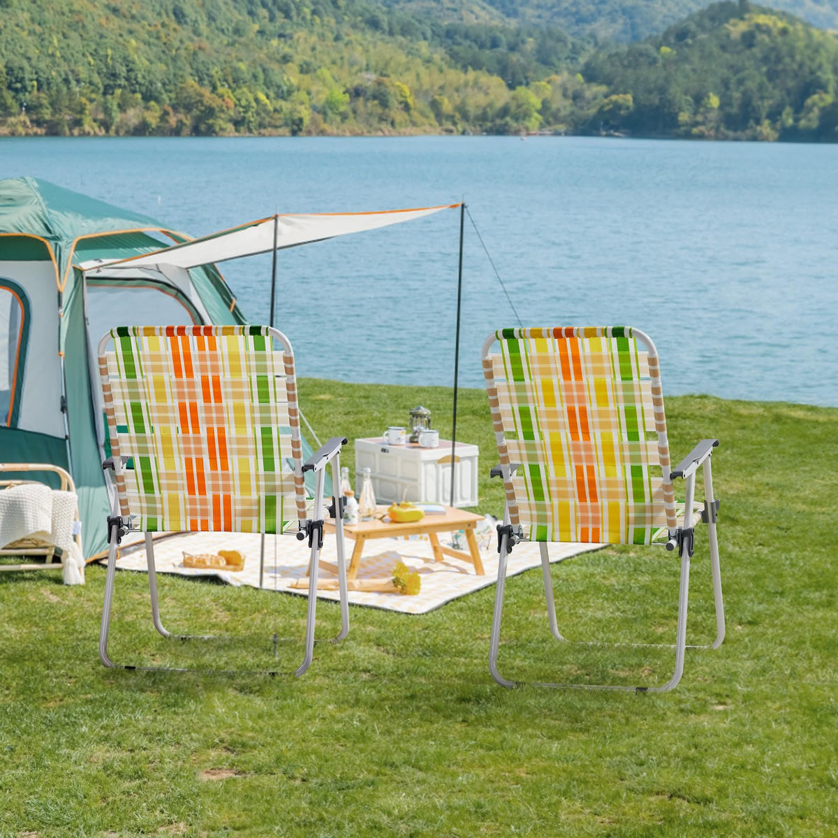 Set of 2 Webbed Folding Beach Chairs Yellow & Green N671663