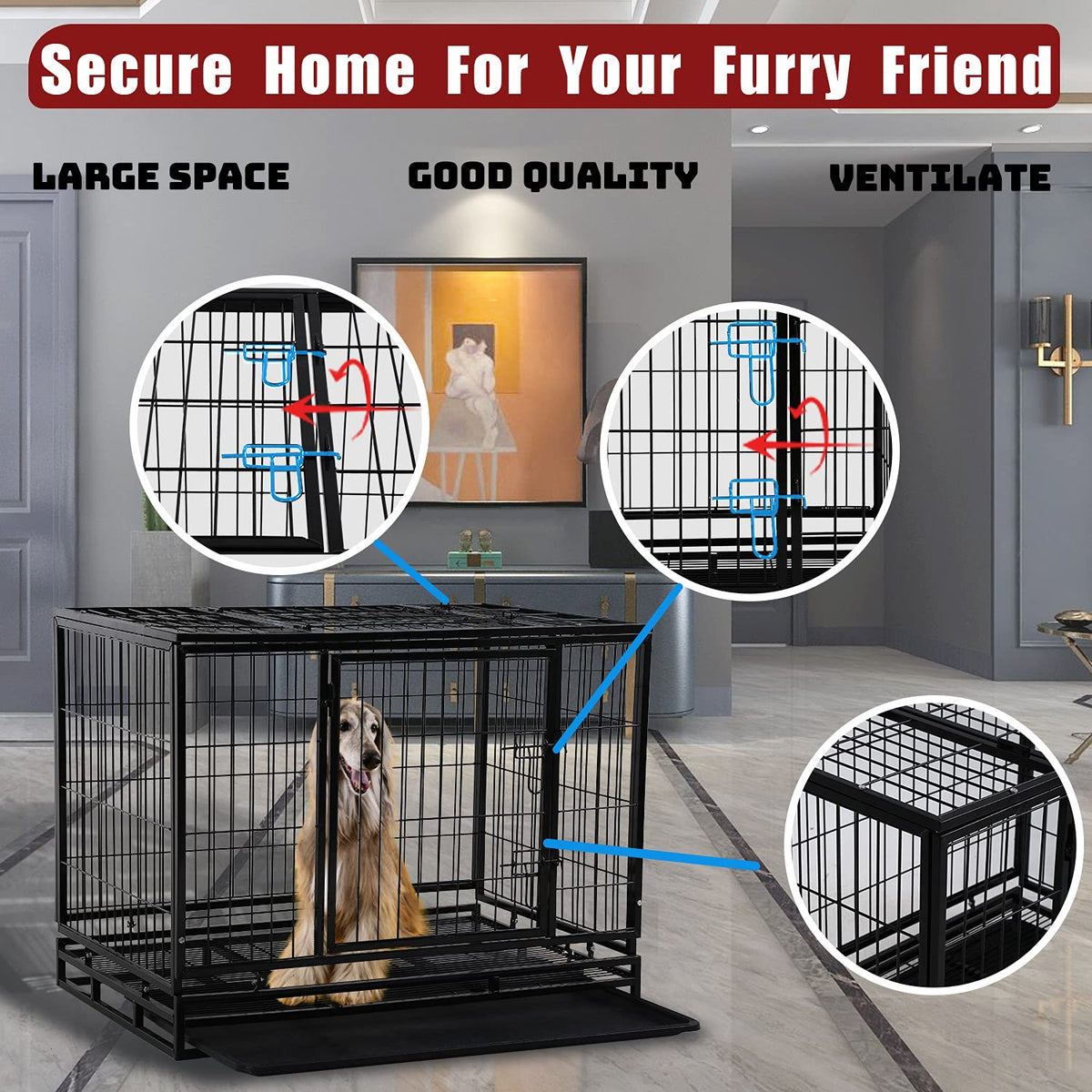 48 inch Heavy Duty Foldable Dog Crate with Lockable Wheels J58152