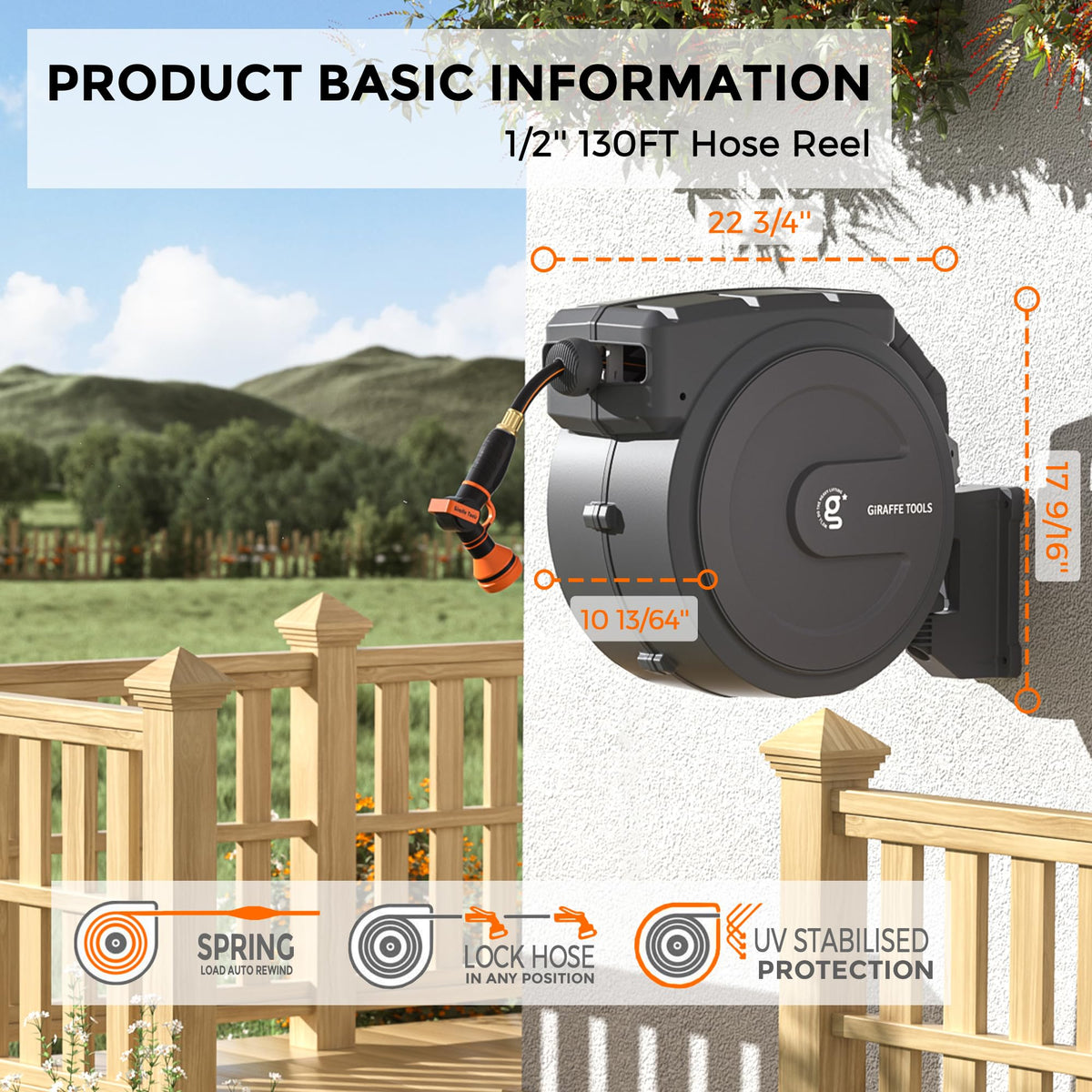 Retractable Garden Hose Reel 1/2" 130FT Wall Mount I27726