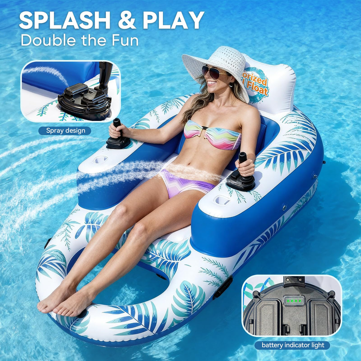Rechargeable Motorized Pool Float Lounger with Canopy and Cup Holder Q4940