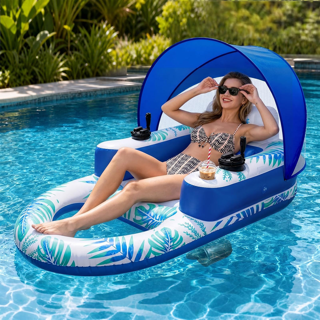 Rechargeable Motorized Pool Float Lounger with Canopy and Cup Holder Q4940
