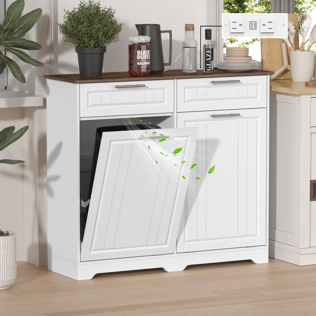Double 10 Gallon Tilt Out Trash Can Cabinet with Power Outlet, White U350840
