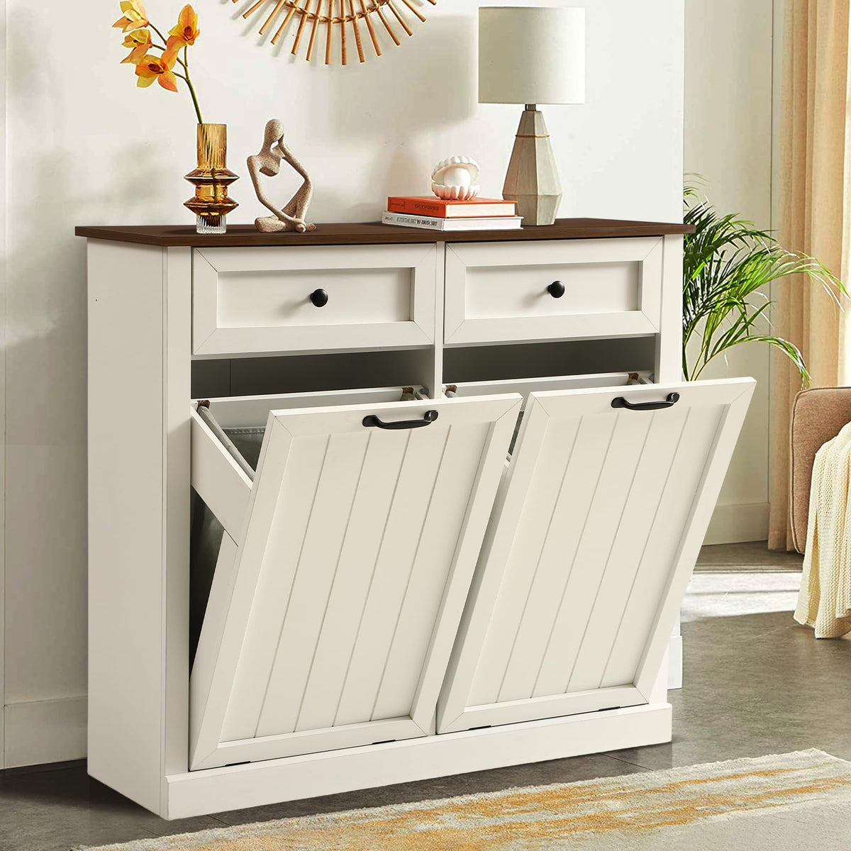 White 22 Gallon Wooden Laundry Hamper Cabinet with 2 Drawers L93363