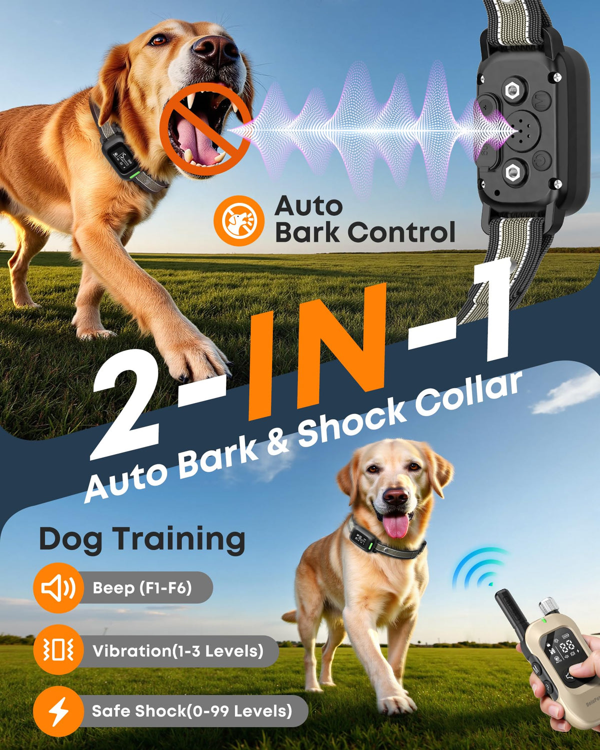 2-in-1 Dog Bark & Shock Collar with Remote F495
