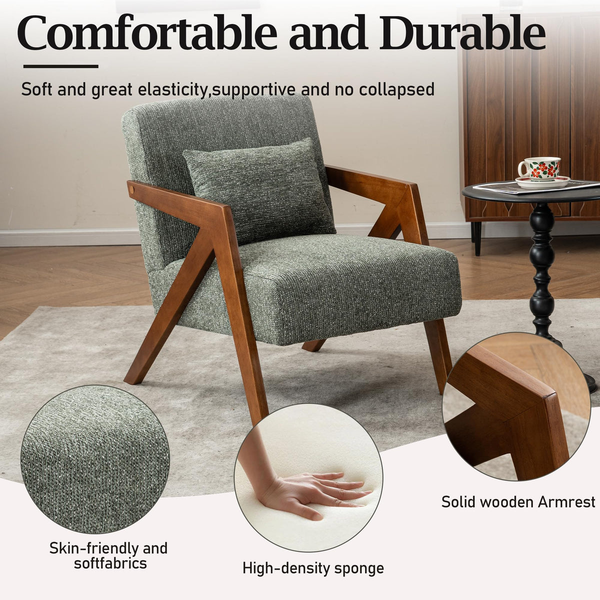Mid-Century Modern Chenille Accent Chair Set of 2 with Wood Frame J50981