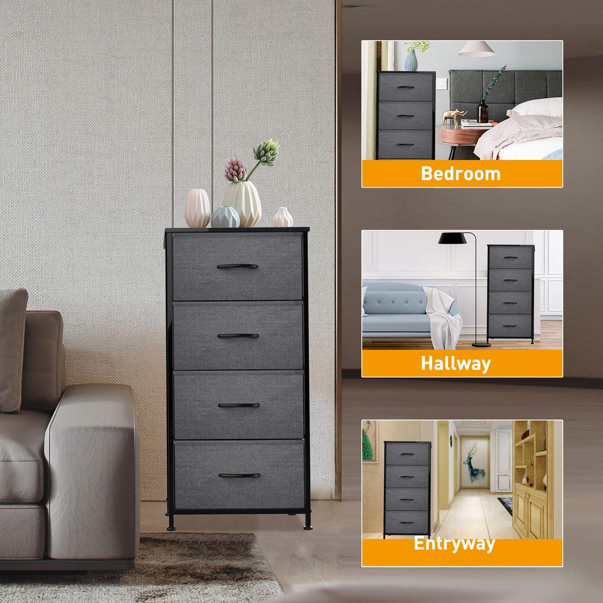 Black Grey 4 Drawer Fabric Storage Dresser W408673