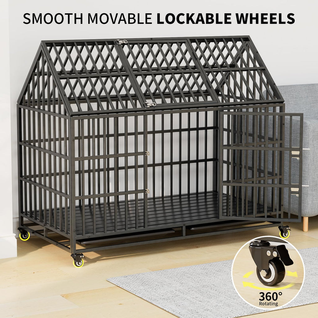52 Inch Heavy Duty XXL Dog Crate with Open Roof Top, Trays and Wheels S1179