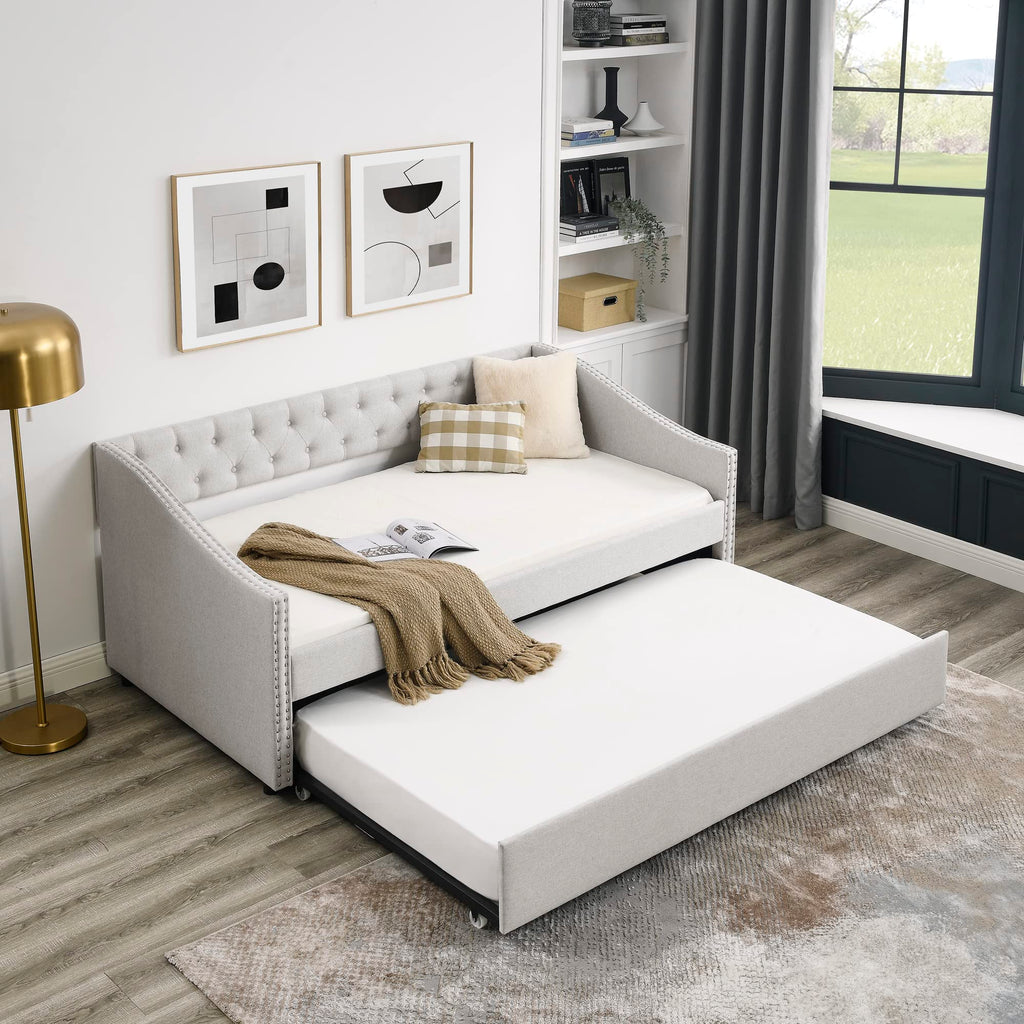 Upholstered Button Tufted Twin Size Daybed with Trundle A70129