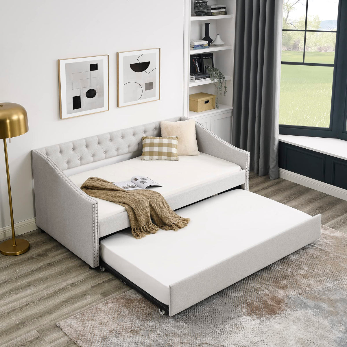 Upholstered Button Tufted Twin Size Daybed with Trundle A70129