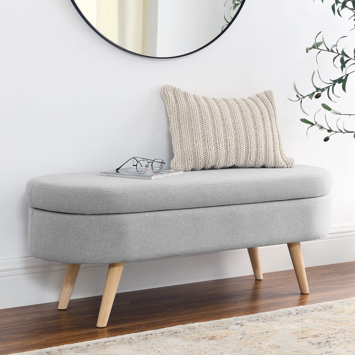 Linen Gray Upholstered Storage Ottoman Bench E517