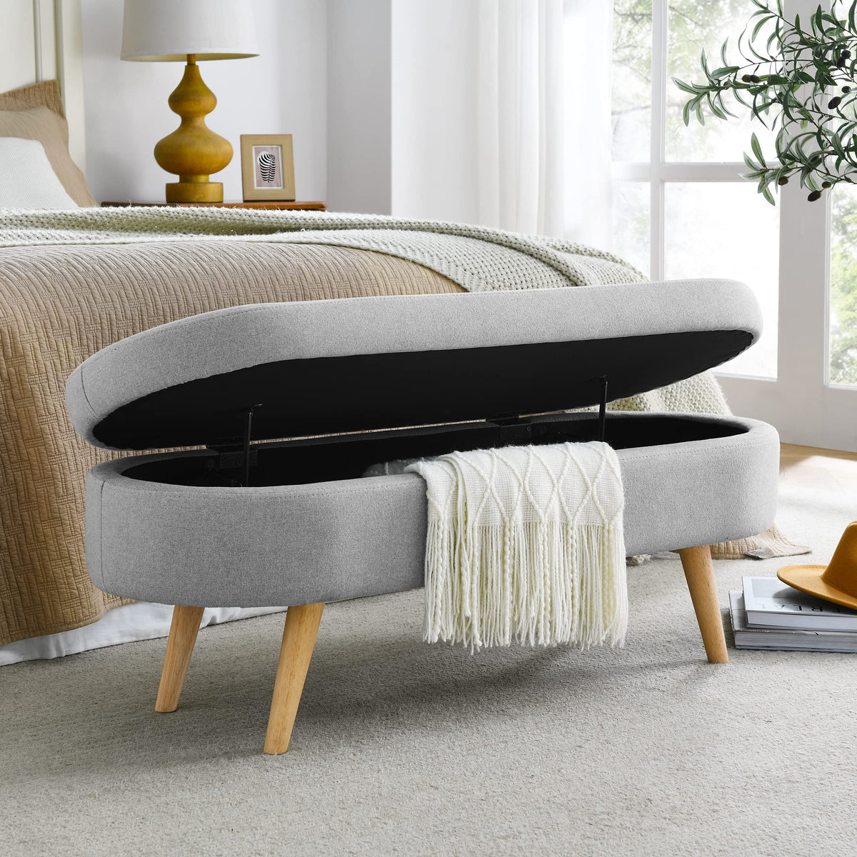 Linen Gray Upholstered Storage Ottoman Bench E517