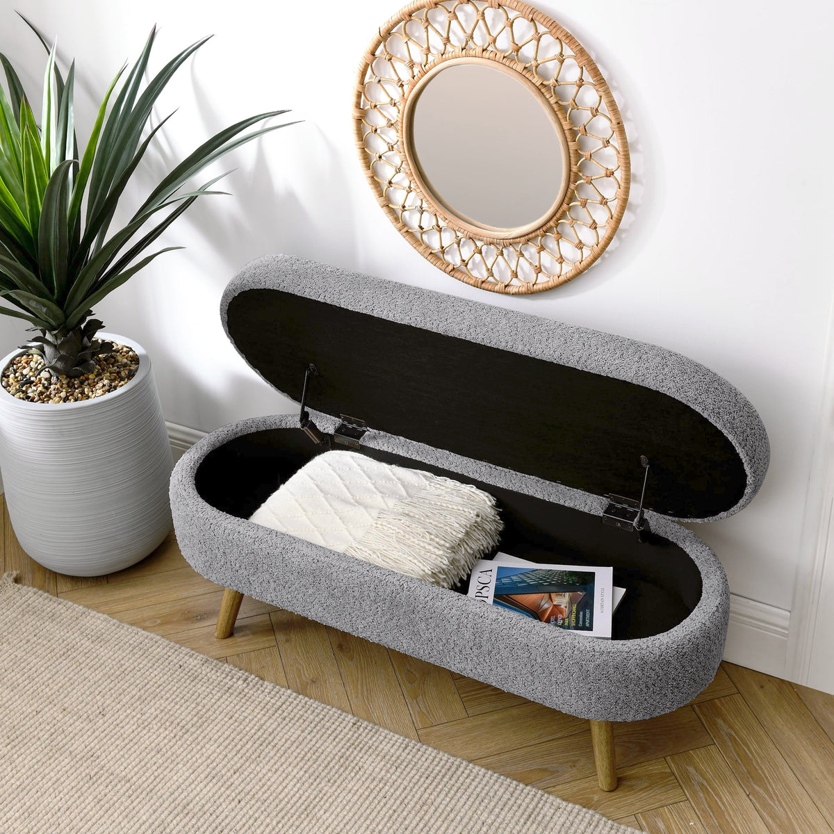 Oval Storage Bench with Rubber Wood Legs, Gray N295