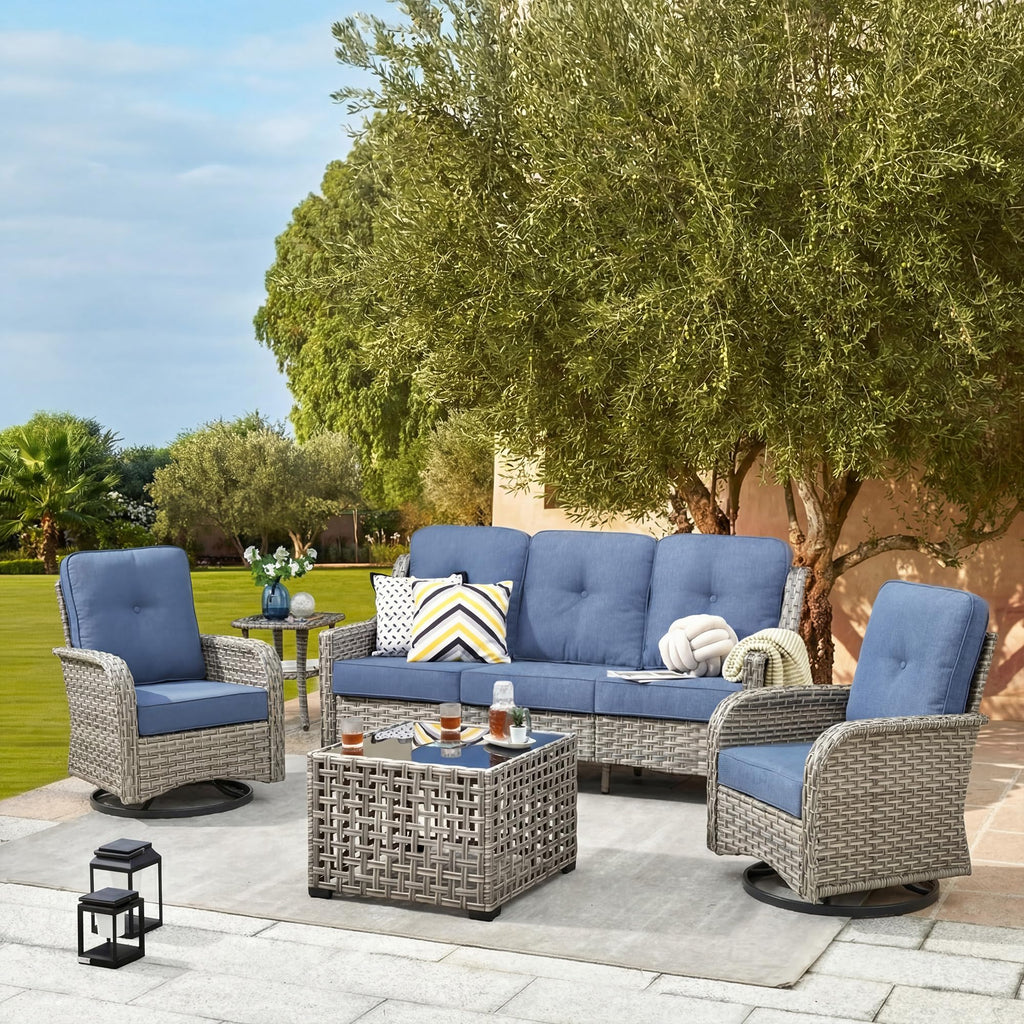 All Weather Wicker 5 PCS Outdoor Sofa Set with Swivel Rocker Chairs K827726