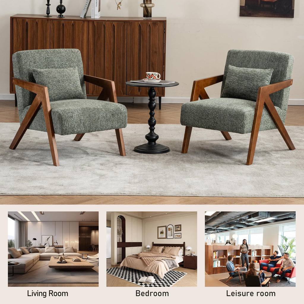 Mid-Century Modern Chenille Accent Chair Set of 2 with Wood Frame J50981
