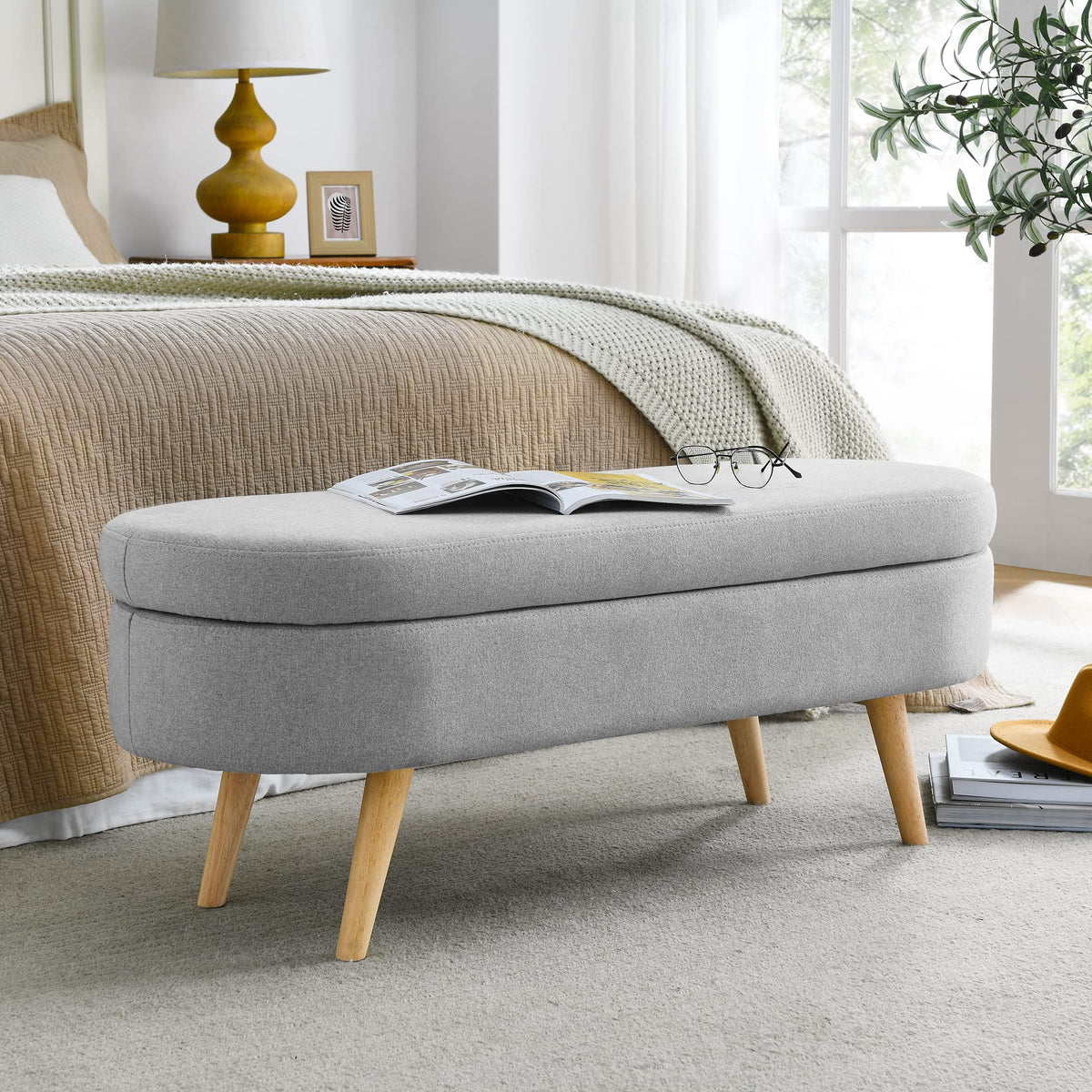 Linen Gray Upholstered Storage Ottoman Bench E517