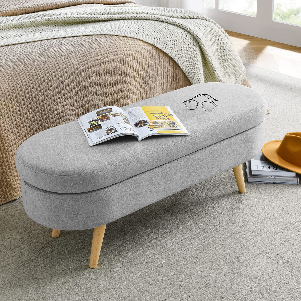 Linen Gray Upholstered Storage Ottoman Bench E517